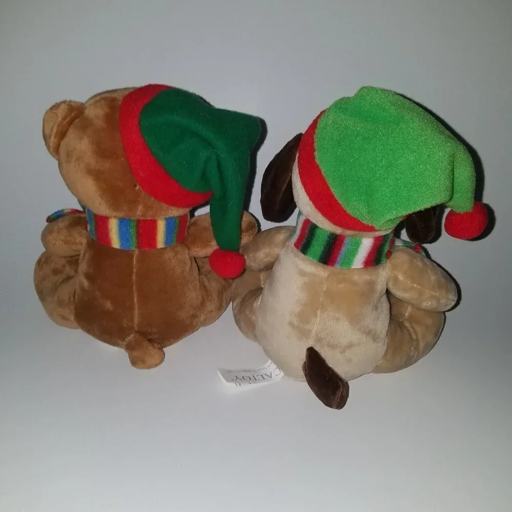 2 Caltoy Christmas Plush Lot Puppy Dog Teddy Bear Stuffed Toys Scarf Santa Hat